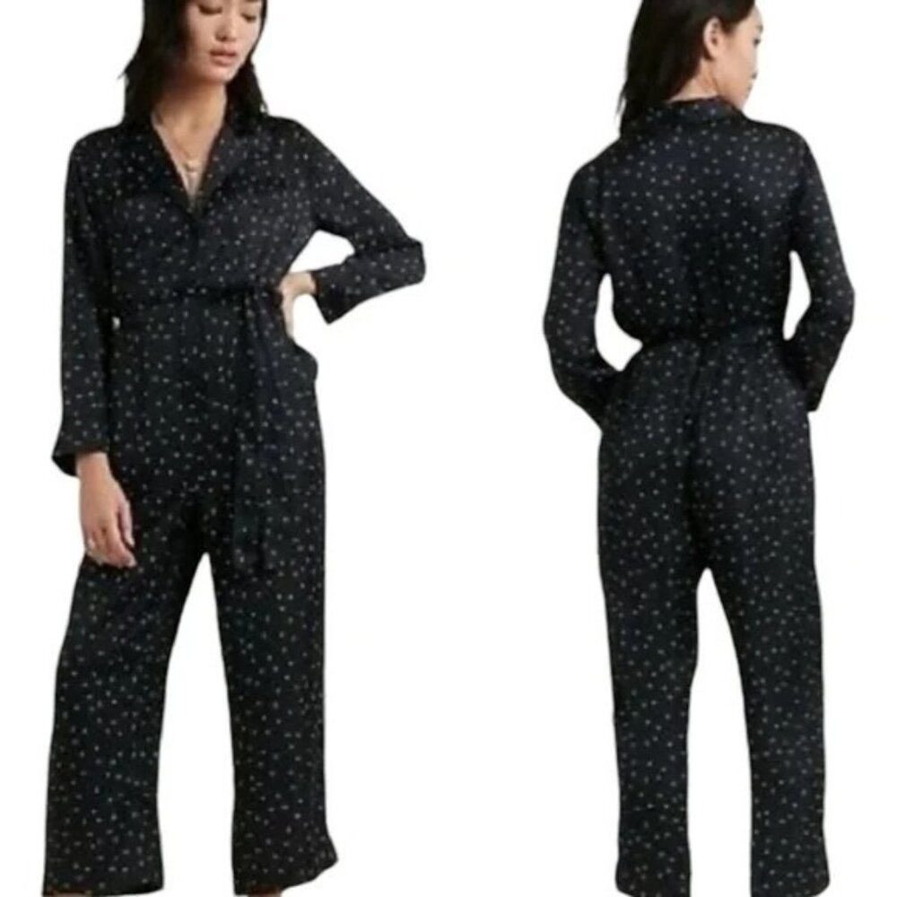 Lucky Brand Womens Size M Jumpsuit Black White Polka Dot Long Sleeve One Piece